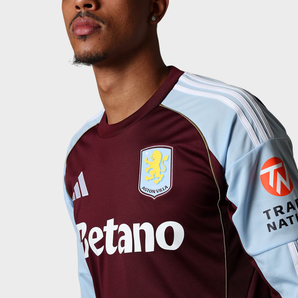 Camisa Aston Villa I Manga Longa 25/26 Adidas Torcedor Masculina - Vinho e Azul